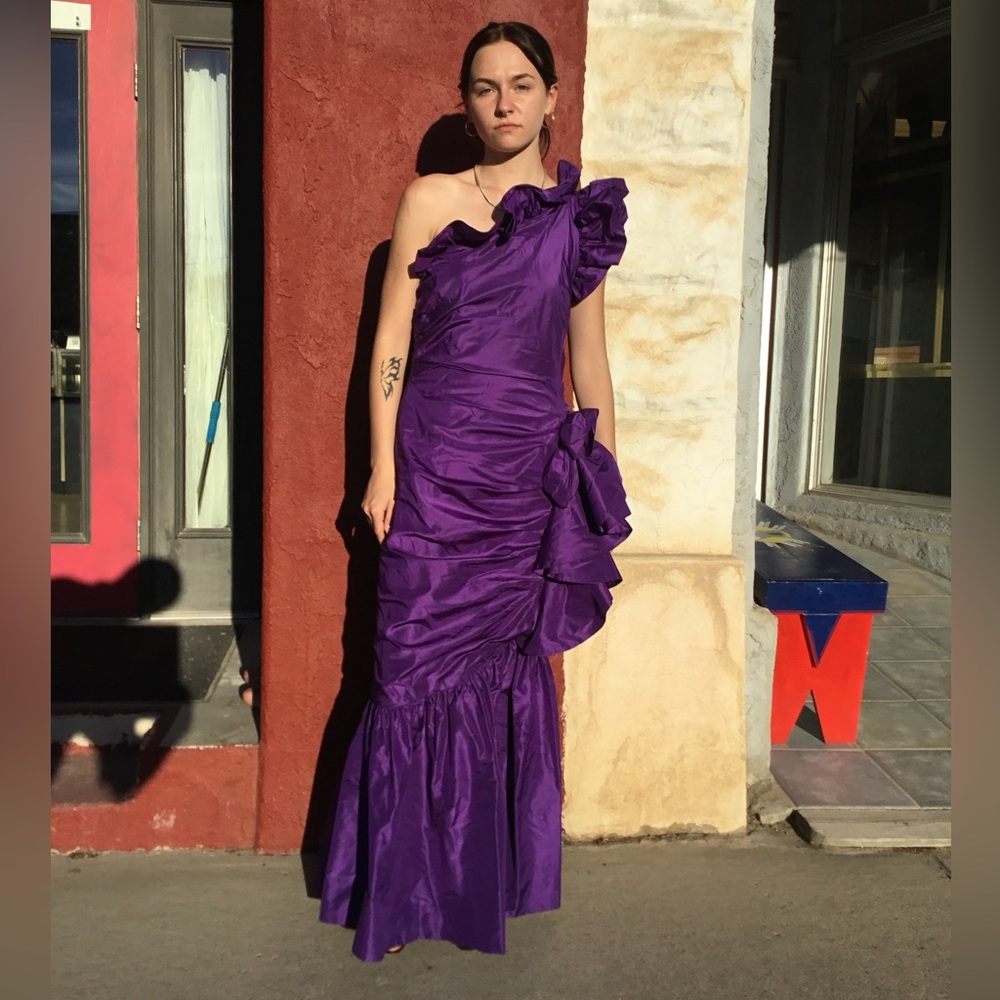 Vintage 80s Purple One Shoulder Ruffle Gown Mermaid Taffeta USA